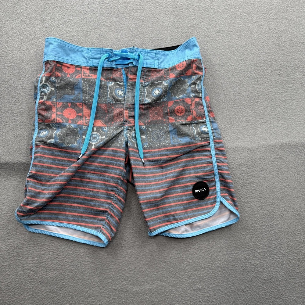 RVCA Board Shorts Mens 28 Multicolor Patchwork Stripe Swim Trunks Stretch Beach